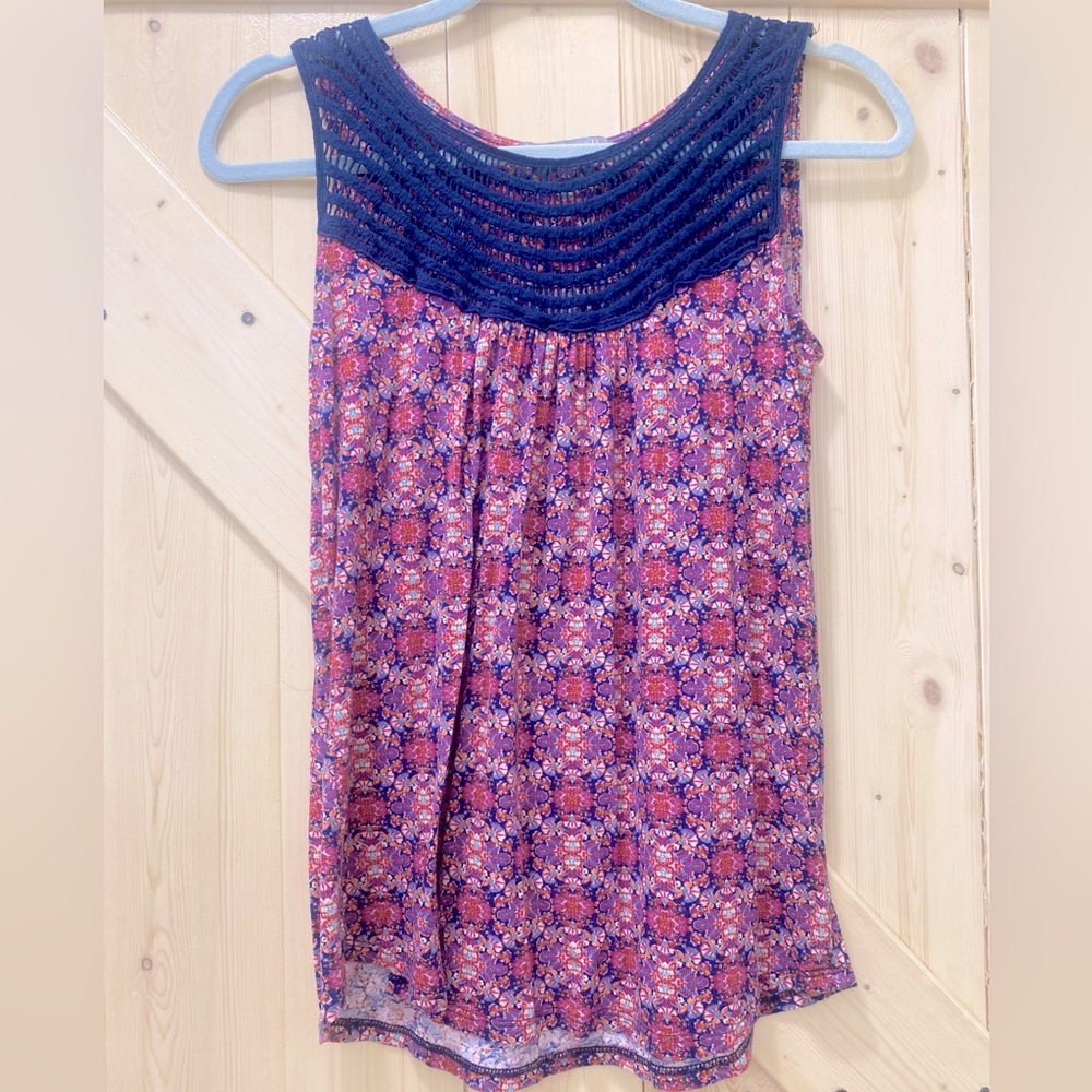❤️🥰Loveappella Boho Colorful Blue, Purple Pink Crochet Scoop Neck Sleeveless Top
